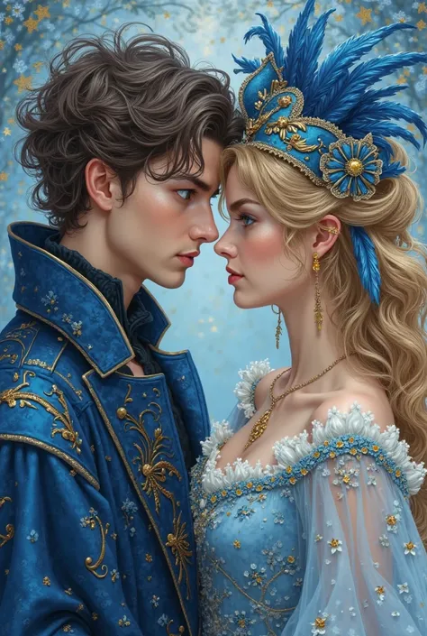  Create the cover of a book with the following concepts : a romance between two agers  ( a boy with blue eyes and light brown blonde hair and a girl with blond hair and blue eyes) And an extravagant masquerade dance, I want it to look like an illustration ...