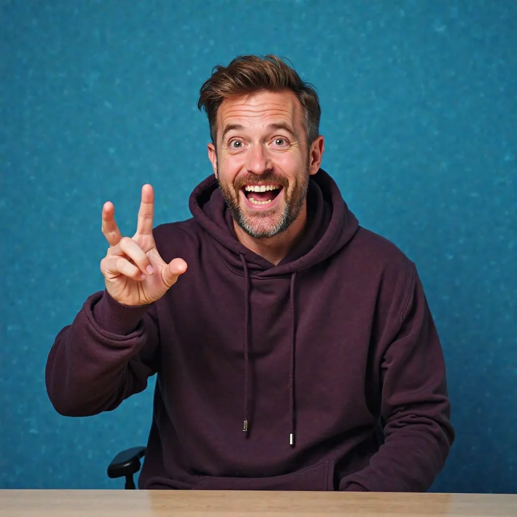 Photo of a forty-year-old man, brown-haired, short hair combed neatly to the side, smiling, surprised, positioned frontally, face frontally, gestures with the index finger of his right hand to the right, left hand is in his trouser pocket, dark purple loos...