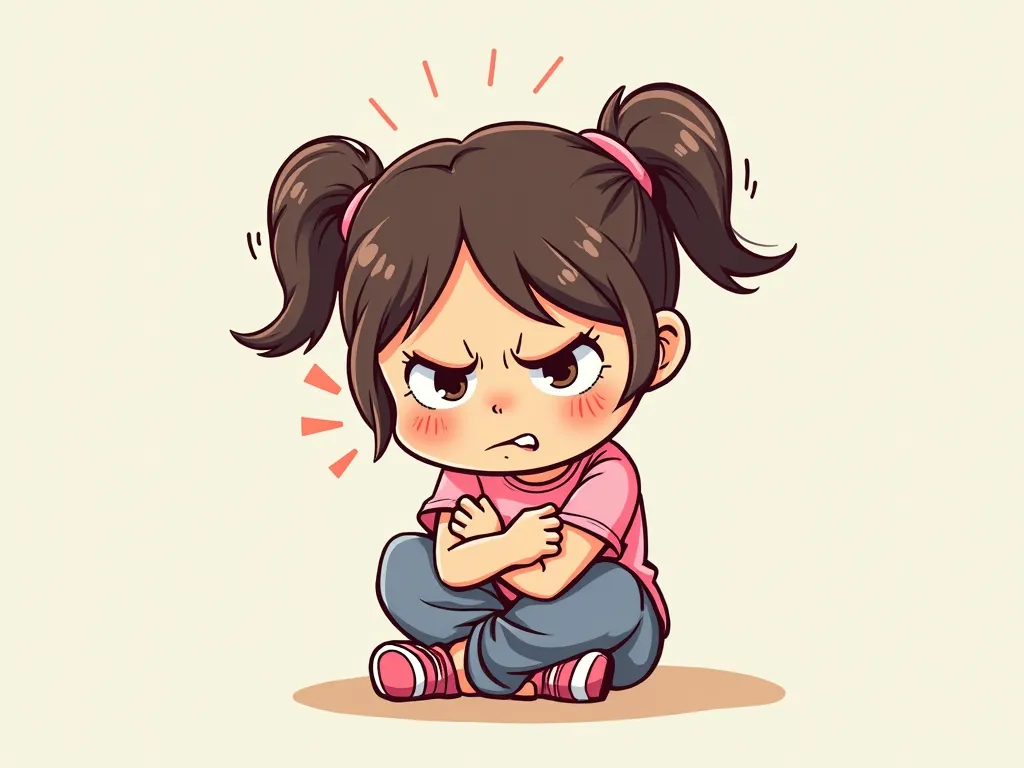 A cartoon girl annoyed hugging her knees while is sitted