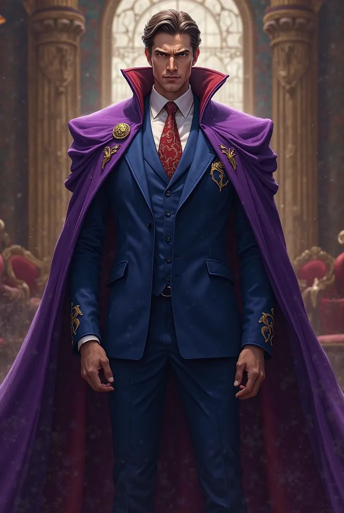 costume with purple cape, royal blue suit, With a yaro in the suit, angry