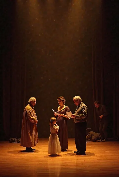 Prompt for Image Generation:
A theatrical rehearsal scene on a large stage, lit by a soft, atmospheric orange light. in the center of the stage, quatro personagens em diferentes momentos de  Preparation : a middle-aged man wearing a stage costume, an elega...