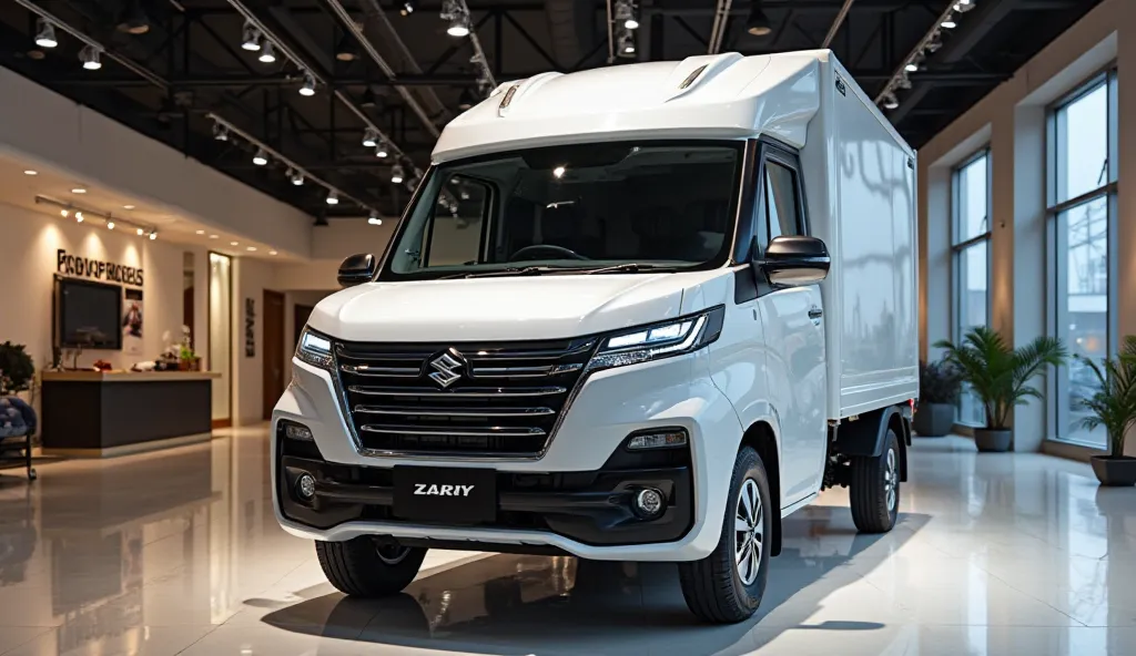 A Sleek And Full HD Realistic (2026 new Suzuki Carry ) A white Shiny Exterior And Parked In Luxurious Showroom And Front View