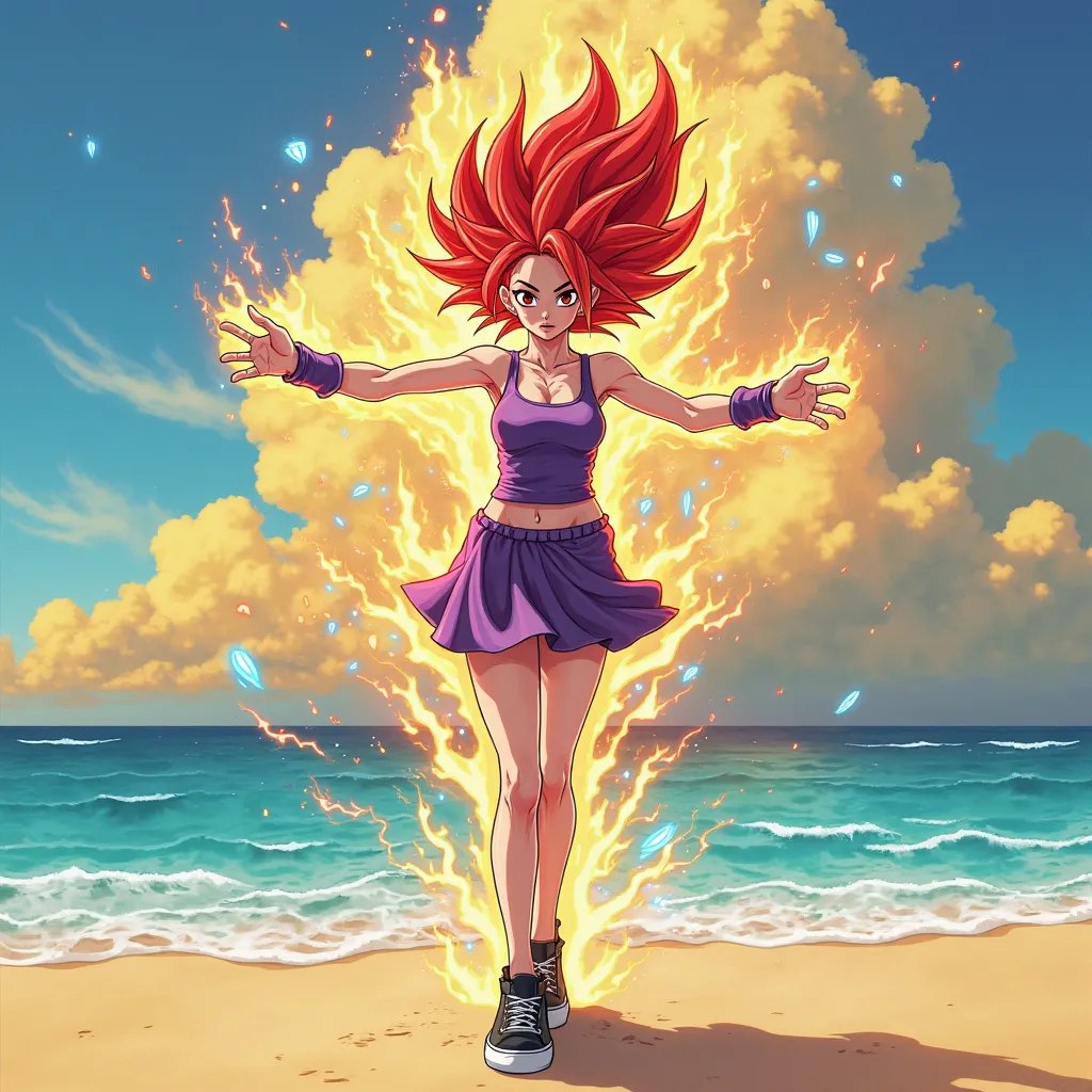 Create a thin 25-year-old woman, she has red spiky hair and red eyes and a red eyeshadow and has a peaceful face and she wears a purple shirt, tank top, purple skirt and black sneakers, beach scenery, yellow sea, beautiful blue sky with big yellow clouds.
...