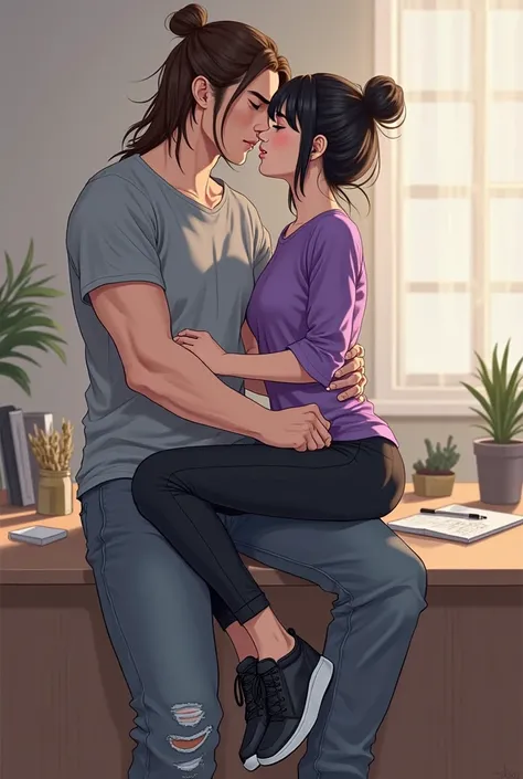 black-haired dark-eyed woman,  Asian features, a purple shirt and a black jean,  sports shoes , She is sitting on a desk while kissing a tall and athletic man with long brown hair in a bun, gray shirt and distressed blue jean, black shoes.

He is standing ...