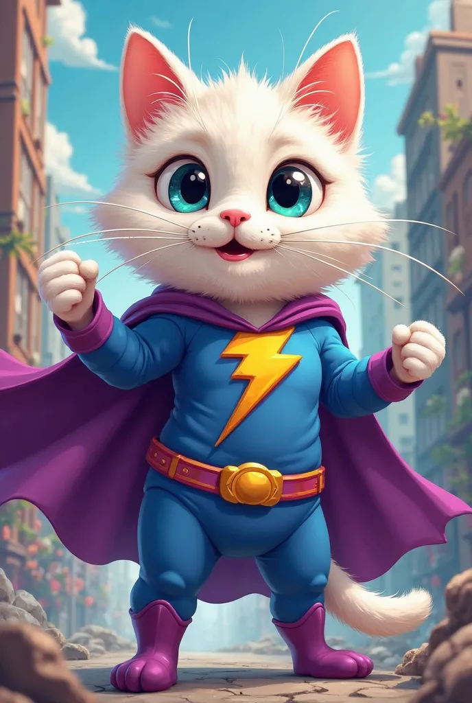 a white cat cartoon, with purple cape , royal blue suit and a lightning bolt logo on the suit