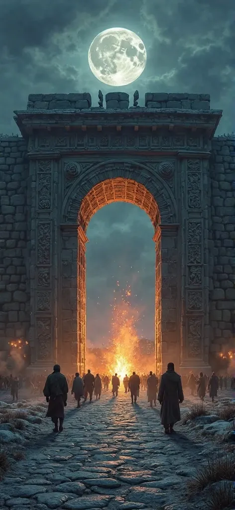 The imposing gate of the city of Troy, made of carved stone, illuminated by moonlight.  outside, a silent Greek army is preparing for the invasion. Trojan sentinels patrol the walls, unsuspected of imminent danger. Torch sparks shine in the cold night air.