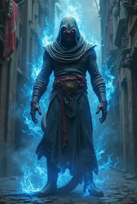 Cobra assassin's creed de face au yeux rouge avec des flammes bleu