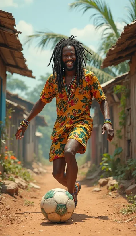  Create an ultra realistic image in 8k , super detailed in GTA6 style drawing: 
A Jamaican with Rastafarian hair, happy, playing with the s, Playing soccer in a poor village in Jamaica