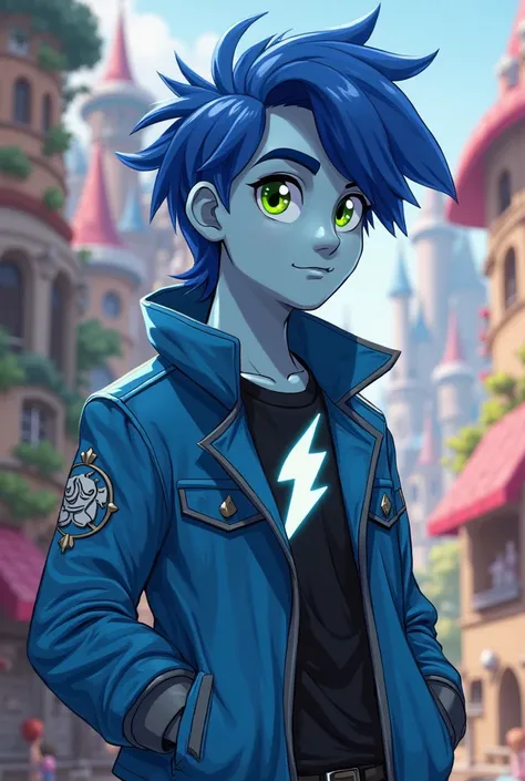 with a character from the animated television series "my little Pony: Friendship is Magic." The character is Soarin a boy with strong blue hair,green eyes,low blue skin,wearing a blue jacket,a black shirt with a symbol of lightning
