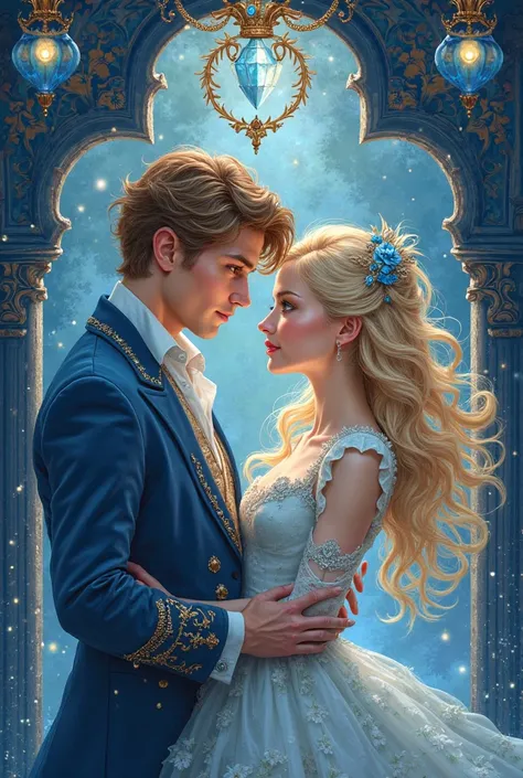  Create the cover of a book with the following concepts : a romance between two agers  ( a boy with blue eyes and light brown blonde hair and a girl with blond hair and blue eyes) And an extravagant masquerade dance, I want it to look like an illustration ...