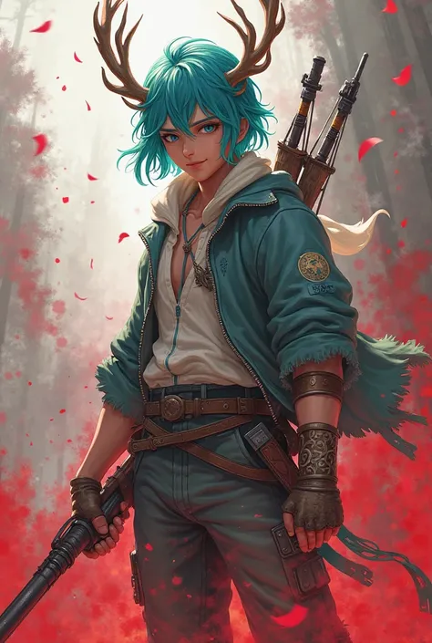 high quality，8K Ultra HD，Japanese two-dimensional full-body figure painting，The theme is an adventurer in the Western fantasy world，The character is a ager， male，The color of the hair is bright turquoise，Hair is shoulder-length，With a pair of antlers on th...