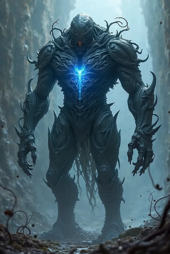 Human-like monster in black color with blue energy rays on its chest