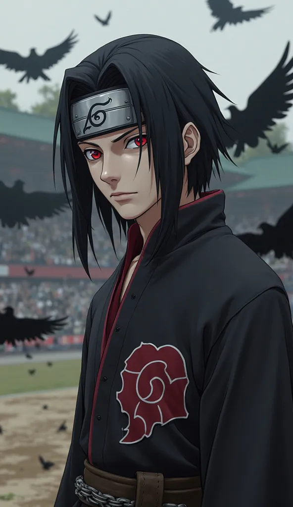 Itachi Uchiha, as if it were a realistic live action, a man in his 30s, with his black and red clan robe, red eyes, half-long hair, a headband with the symbol of the leaf village with a line cut in the middle, with black crows around him, in the background...