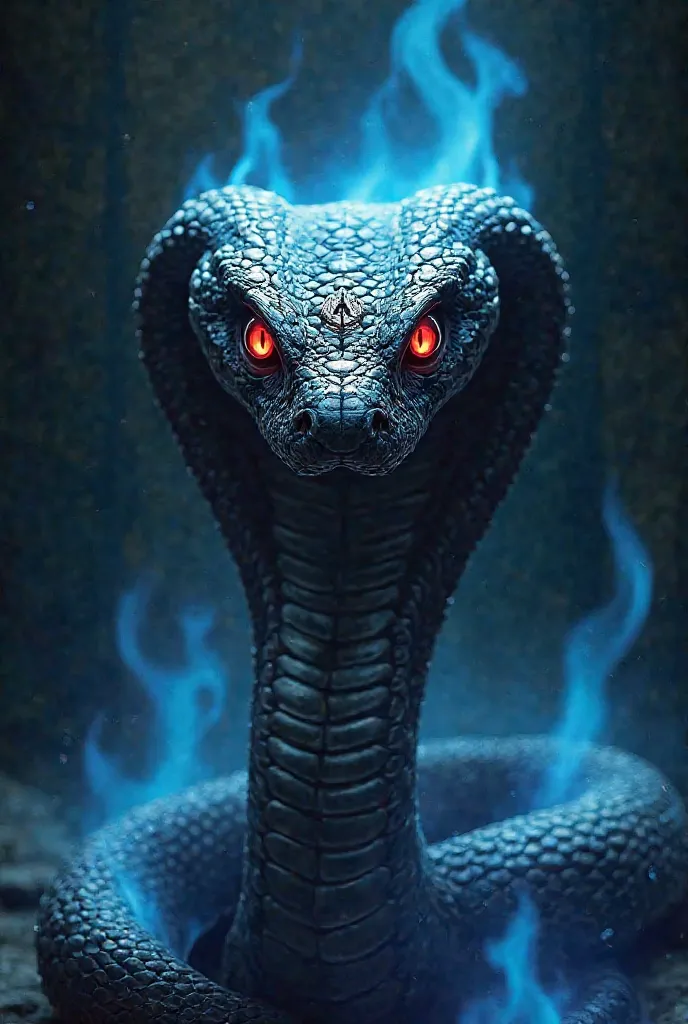 Cobra au symbole assassin's creed sur la tête de face au yeux rouge avec des flammes bleu