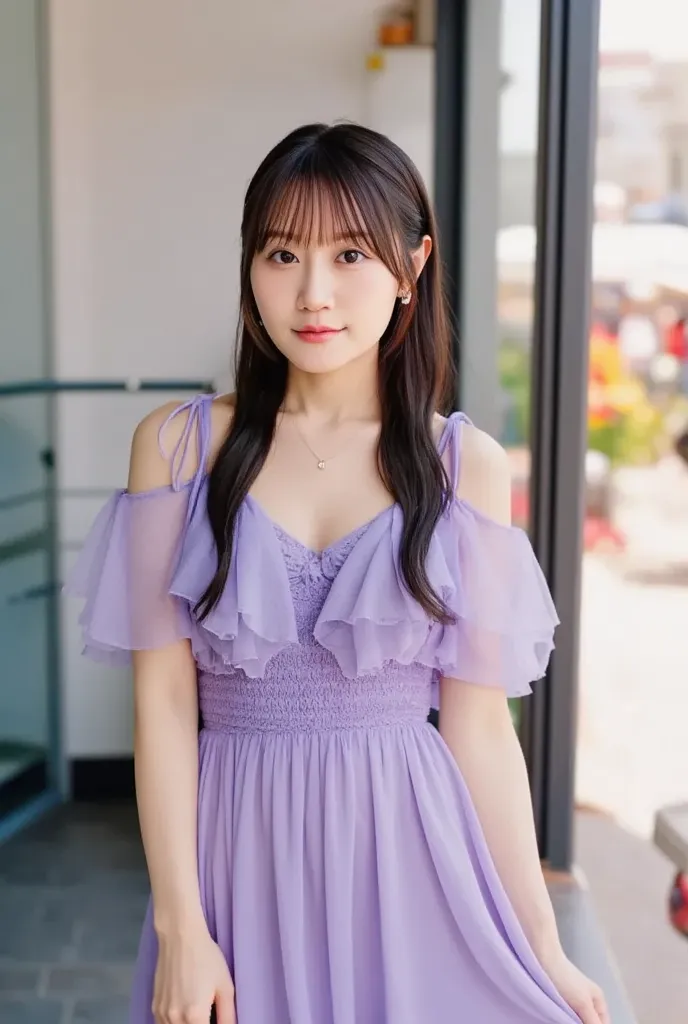 (huge 、 Light purple sheer off-shoulder summer knitted mini dress、（The chest is very clear ）、shoulder bag)、(best quality,masterpiece:1.3,super A high resolution,),(very detailed,caustics),(realistic:1.4,RAW shooting,)Ultra-realistic Capture,very detailed, ...