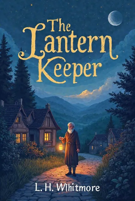 A serene and peaceful cover design for "The Lantern Keeper" by "L. H. Whitmore". The design captures the quiet, reassuring tone of the story with a soft, twilight atmosphere. The background features a quaint village nestled among rolling hills, with cobble...