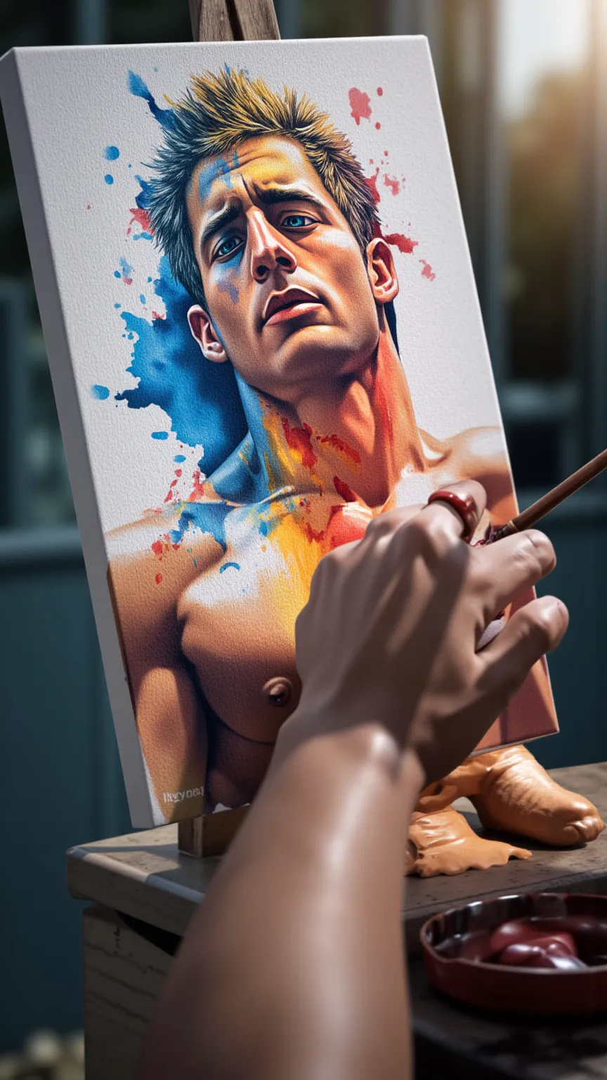 A close-up shot of an artist's hand painting a muscular man using only bare hands, without a brush. The hand is smudged and covered in vibrant watercolor paints, blending blues, reds, and yellows. The painting on the canvas captures the contours and defini...