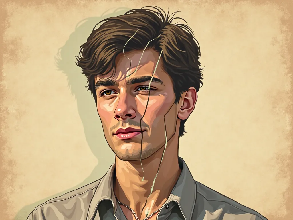 A young man in 1978, Break the image to pieces, Background of the image: an aged paper in beige beige color without details, vector art