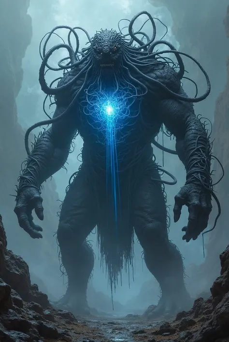 Black-colored tendon monster with blue energy rays on the chest