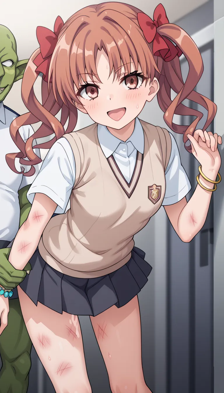 master piece,master piece,Kuroko Shirai, brown hair, long hair, parted bangs, brown eyes, ringlets, twintails, hair bow, bow, red bow,  bracelet, black skirt, collared shirt, dress shirt, pleated skirt, safety pin, school uniform, shirt, short sleeves, ski...