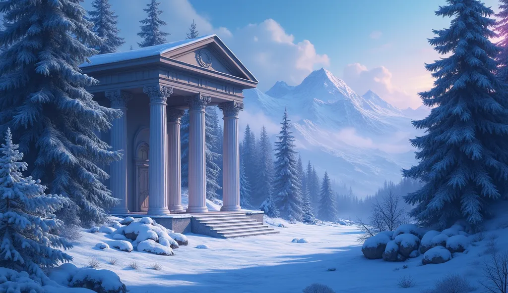 A fantasy temple hidden in a deep Nordic forest。in a quiet and fantastic landscape、baroque white marble columns stand between snow-covered conifers、Magical blue and purple light drifts around the pillars。There are many snowy mountains in the distance、Frost...