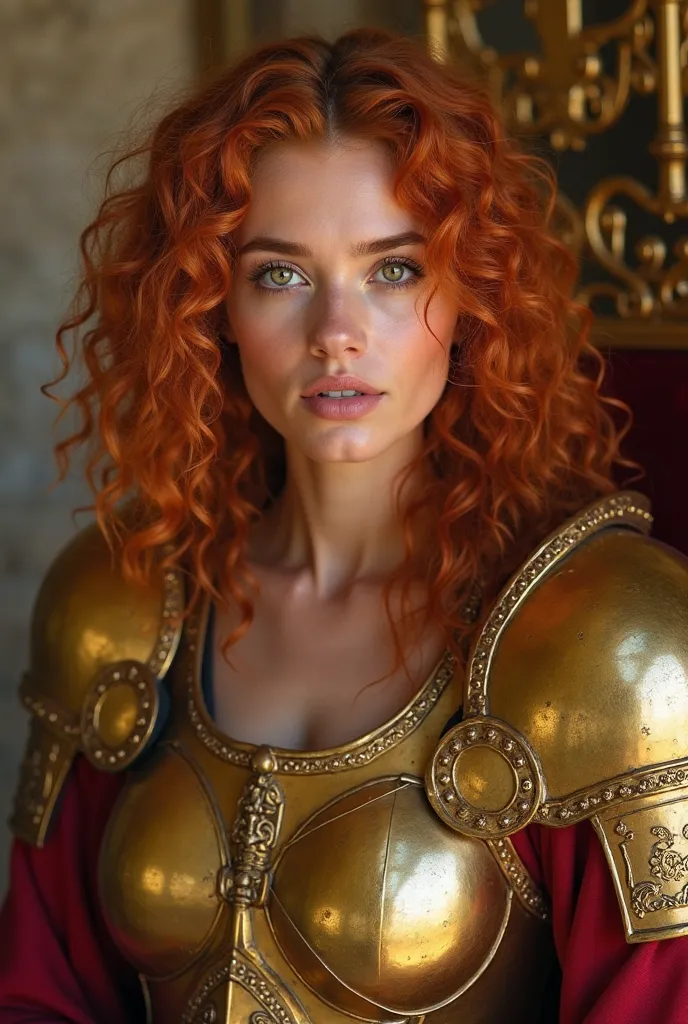 Make an image of a very beautiful woman of about 23 years old,  of fair skin, curly orange hair , golden eyes and wearing medieval golden armor. She is sitting on a golden throne inside the room of a medieval castle. The image on the face and head complete...