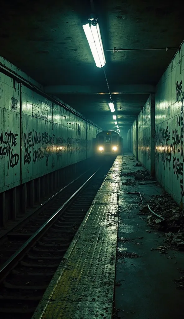 The image depicts a dark and eerie underground subway tunnel. The dim lighting from overhead fluorescent lights reflects off the wet floor, creating a moody atmosphere. The walls are covered in graffiti and grime, adding to the sense of decay. A subway tra...