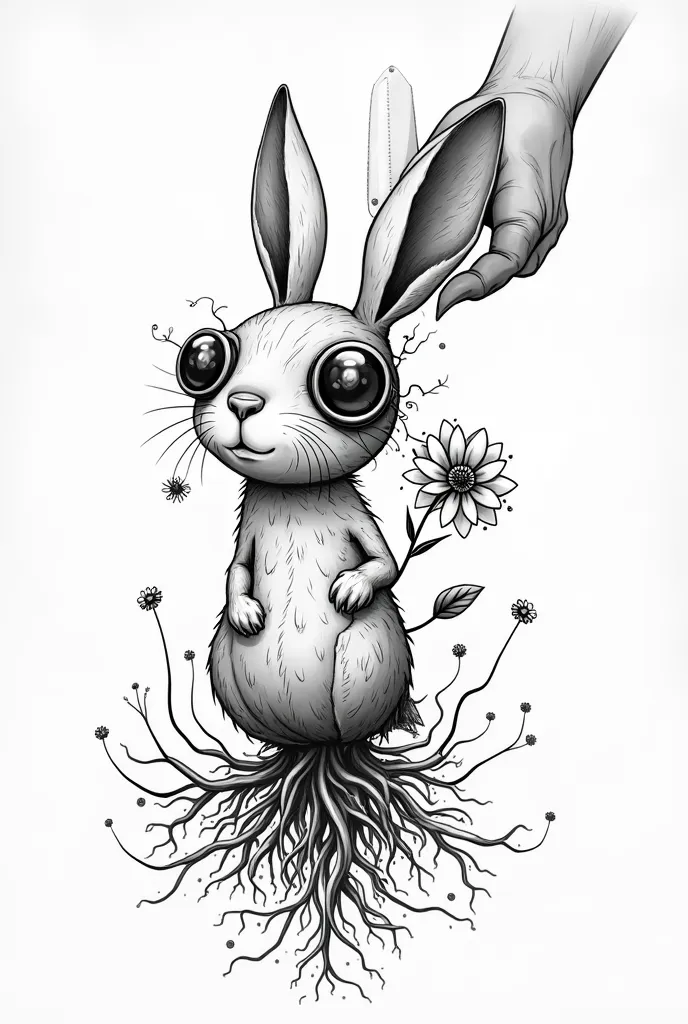 Create a surreal black-and-white digital illustration featuring a rabbit with mechanical and organic elements. The rabbit's head appears cheerful, with one eye covered by a steampunk-style monocle and a flower next to it. Instead of a normal body, the rabb...