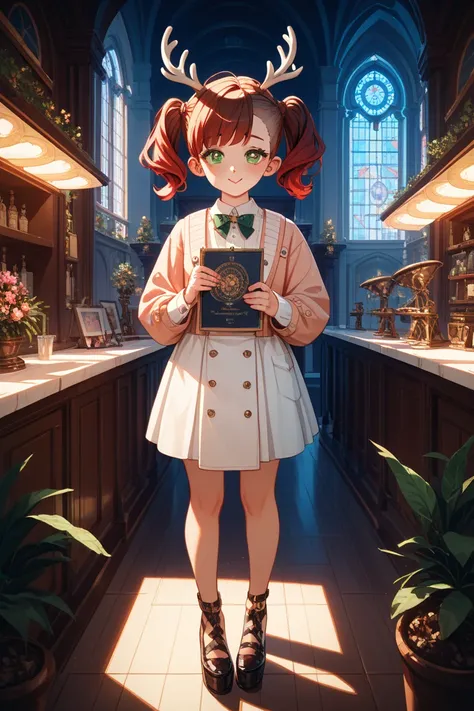 1人の女の子（とても幼い）、full body、,red hair,pixie cut,uneven twintails,single hair intake,green eyes, heart-shaped pupils,politician, ^^^,deer ears, dashed eyes