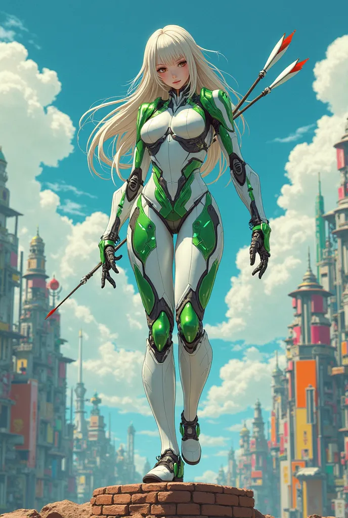 Studio Ghibli style Background langit indah berpadu dengan warna, gedung tinggi,urban, ,beautiful cyborg woman,Mecha Cyborg Girl,long hair braifal Battle Mode,Girl with a Mecha Body, sexy big breast up ,She wears a advance electro galaxy Gundam white orang...