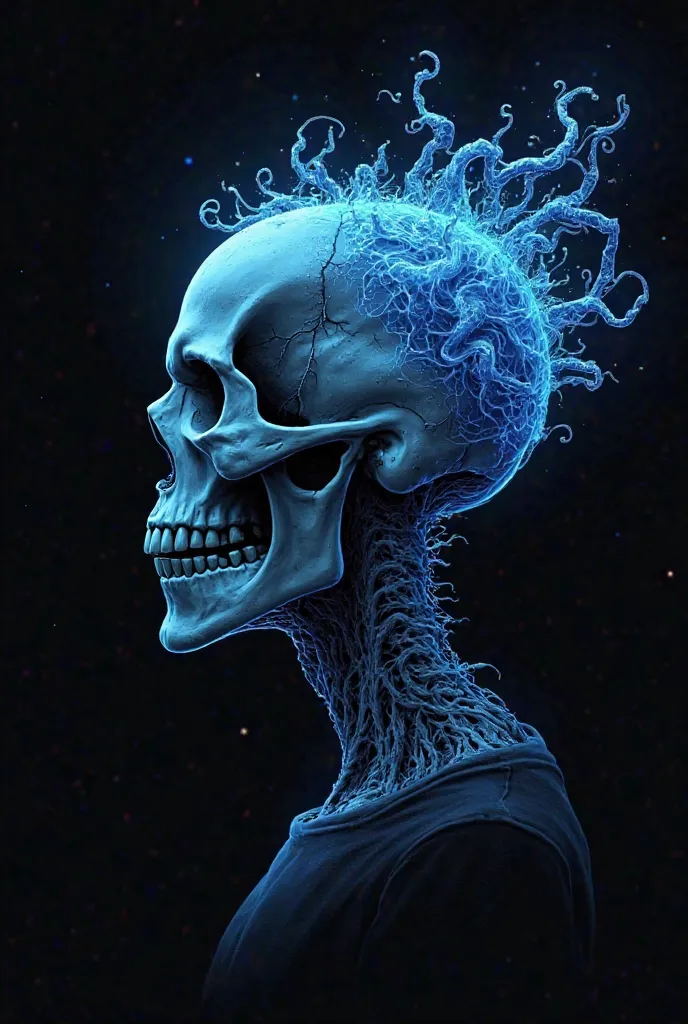 A dark and surreal illustration of a human skull in profile, with bioluminescent details in electric blue tones that highlight the neural connections of the brain. The skull has a stylized, skinless design, with sharp teeth and a somber appearance. From it...