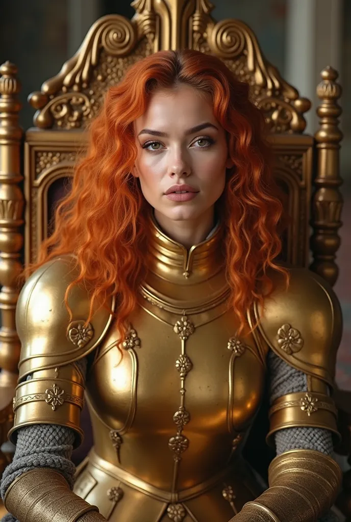 Make an image of a very beautiful woman of about 23 years old with a round face and some oriental feature,  of fair skin, curly orange hair , golden eyes and wearing medieval golden armor. She is sitting on a golden throne inside the room of a medieval cas...