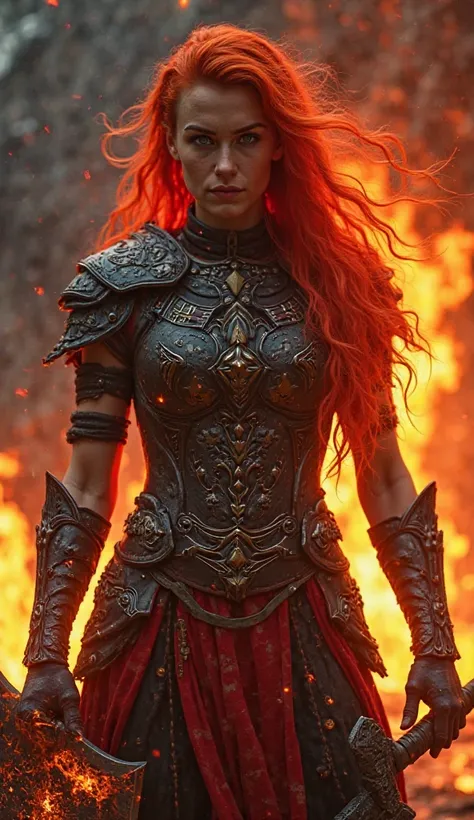 "A Viking Fire Empress standing firmly with a battle-ready stance, fire reflecting in her piercing eyes. She wears heavy blackened armor with glowing runes, and her fiery-red hair flows wildly. Her massive battle-axe crackles with molten energy, and flames...