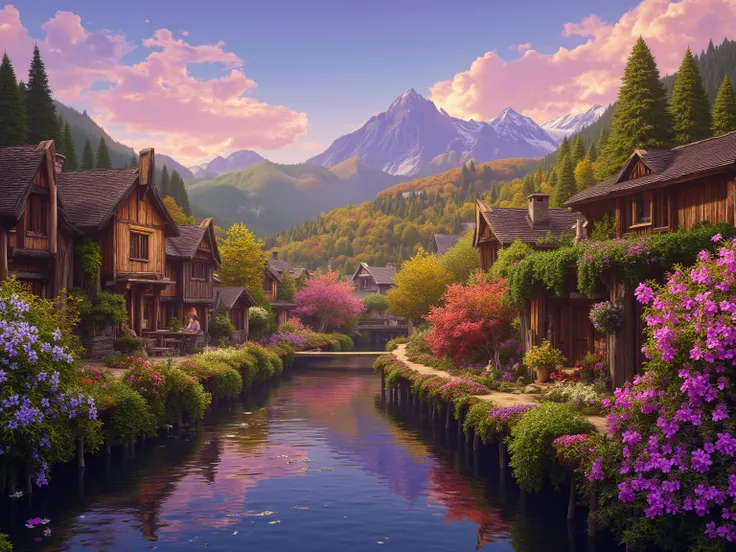 a small village by the river, mountains in the background, floral flowers colorful, detailed landscape, Beautiful natural landscapes, atmospheric lighting, scorching sunset, warm colours, practical, photopractical, Detailed Foliage, complex buildings, cobb...