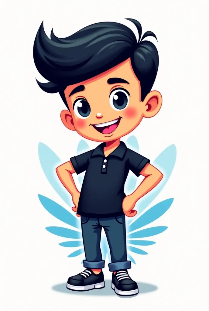 Create me a mascot logo where the mascot is a boy with black hair with a black polo shirt with navy blue rays underneath say JAD and be a barber 