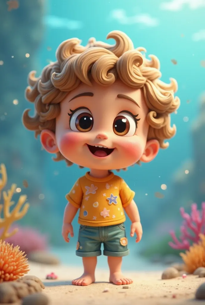 Create a stylized 3D Cartoon of a boy with a round and friendly face, with fluffy cheeks and a wide smile that transmits genuine joy.  His eyes are large and shiny ,  full of curiosity and energy .  her curly and voluminous hair, With a light and slightly ...