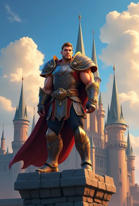 Animated male warrior Defender of the Castle,  Pixar style