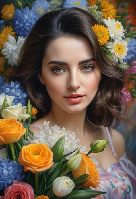  Close-up of a woman, holding a bouquet of flowers, female portrait with flowers , maia sandu hyperrealistic, high-quality portrait, with flowers , detailed color portrait , woman in flowers ,  airbrushing digital oil painting ,  beautiful portrait oil pai...