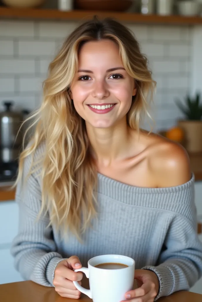 AimeeC , sitting at a table in a cosy kitchen with pine worktop and white units, holding a white mug of coffee. A radiant young woman in her early twenties with golden blonde, messy wavy hair, bright brown almond-shaped eyes, and a fair complexion with a n...