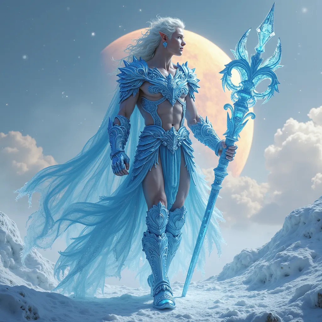 Well front lit image, Full body Hyper photo-realistic image of an Incredibly handsome 20 year old male model type. Masculine handsome Beautiful Celestial God of ice and snow. with v-shaped torso large lanky muscular body builder with narrow waist and well ...