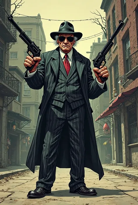 Cartoon of Scrooge Uncle wearing gangster clothes using weapons in a deserted street setting on the outskirts 