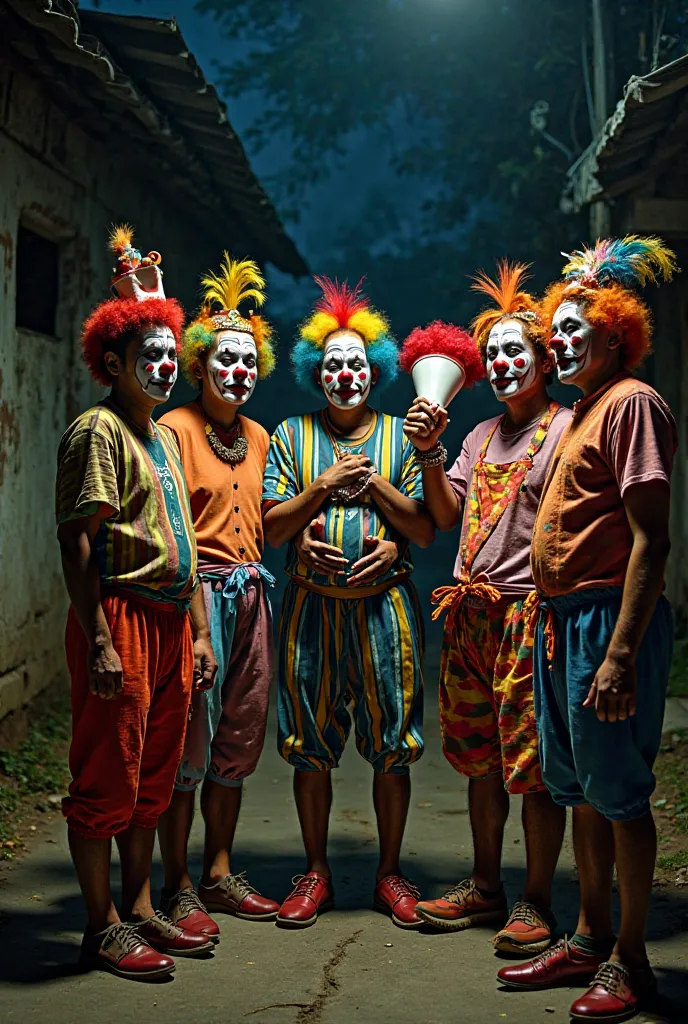 Photo of 6 Indonesian guys wearing Custom clown carrying megaphone night background on Jalan kampung 