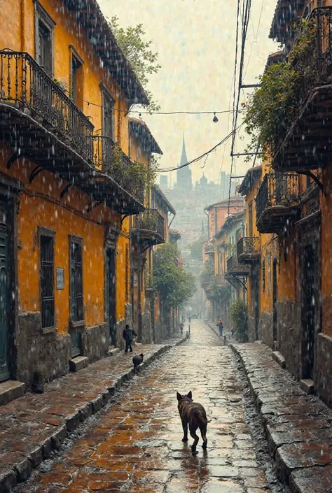 an image of a cobblestone street in the city of Buenos Aires, on a rainy Sunday, In shades of ocher, Like watercolor painting