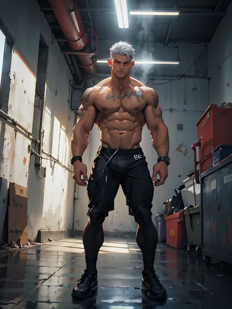  male, muscular, macho,((standing up picture,front,full body)),Topless,all back, Yankee,Provocative look, youth,Playboy,intimidating, alpha ,Unfriendly,scared,Unapproachable, Silver Hair, boxer figure,Physique,big butt, Dark ,indoors,shadow,spotlight,anime...