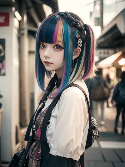 パンク, girl, ゴスロリ, one girl, colored inner hair, multicolored hair, hair spread out, first-person view, f/1.8, 35mm, 8k, best quality, super detail