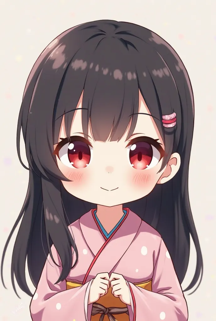 An anime woman white skinned, long black hair, red eyes, pouting, and mad cute, in a pink yukata. Chibi Version