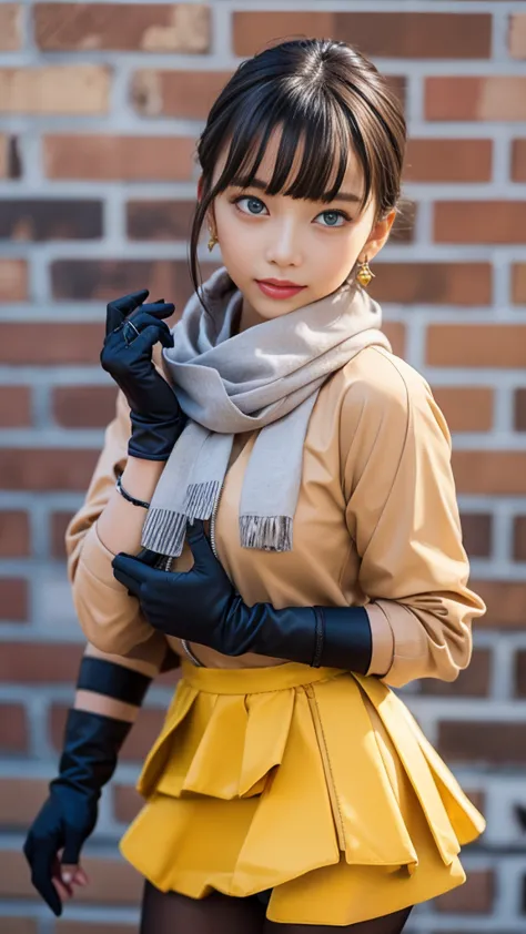 ((layer skirt:1.3))、(camel colored long sleeve zip blouson with front closure)、(gloves:1.3)、scarf、tights、blond hair、 blue eyes、standing in front of a brick-colored brick wall、greatest masterpiece:1.3、Best Quality、Raw photo quality、16k、super detailed depict...