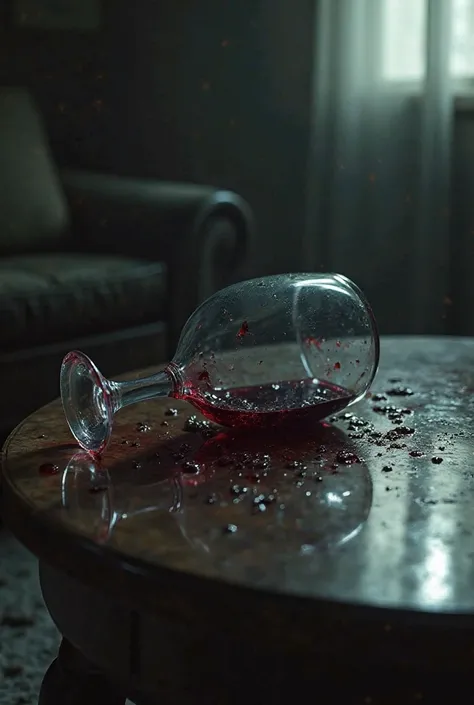 Image of a wine glass and a spilled glass on a coffee table. horror style 