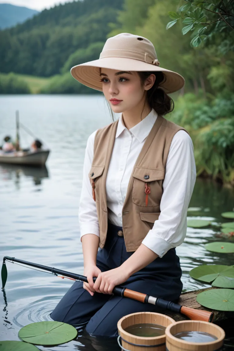 Create a highly realistic, photo-quality image of a woman fishing by a serene lake. The woman is sitting on the edge of the water, holding a fishing rod with a line cast into the lake. She is wearing a light beige fishing vest, a white long-sleeve shirt, g...