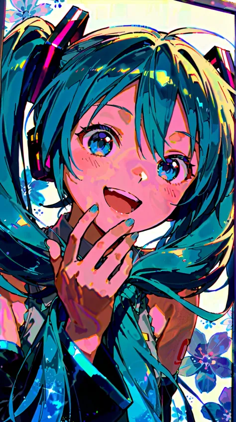    Hatsune Miku, floral background ,High Resolution, long hair,  blushes, smiles, open your mouth, smiles, blue eyes, Blue Hair/light blue hair tied at the top, Best Quality, headphones,standing up picture, glitter effect, 